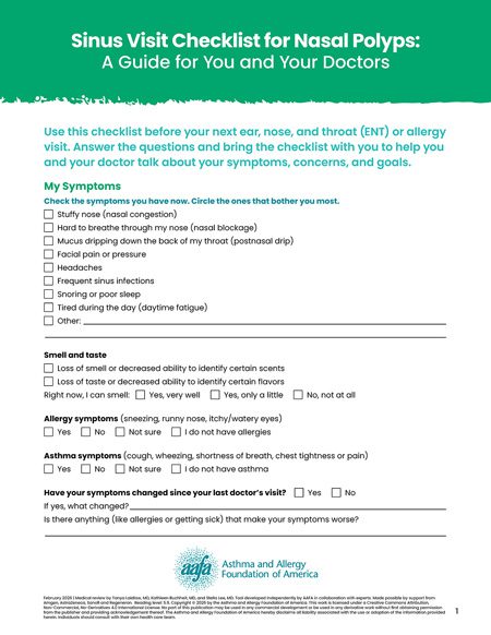 Sinus visit checklist for nasal polyps handout