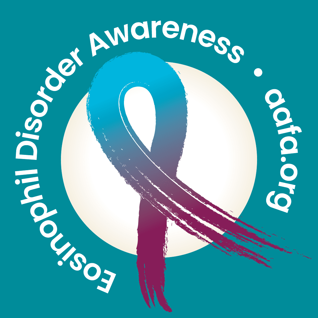 Alight blue and maroon ribbon with text Eosinophil Disorder Awareness aafa.org