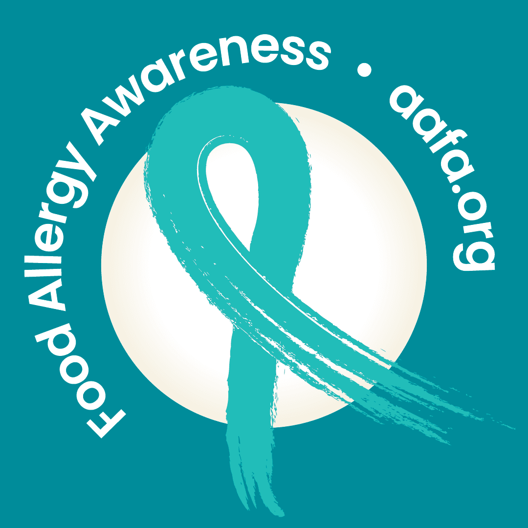 A teal ribbon with text Food Allergy Awareness aafa.org
