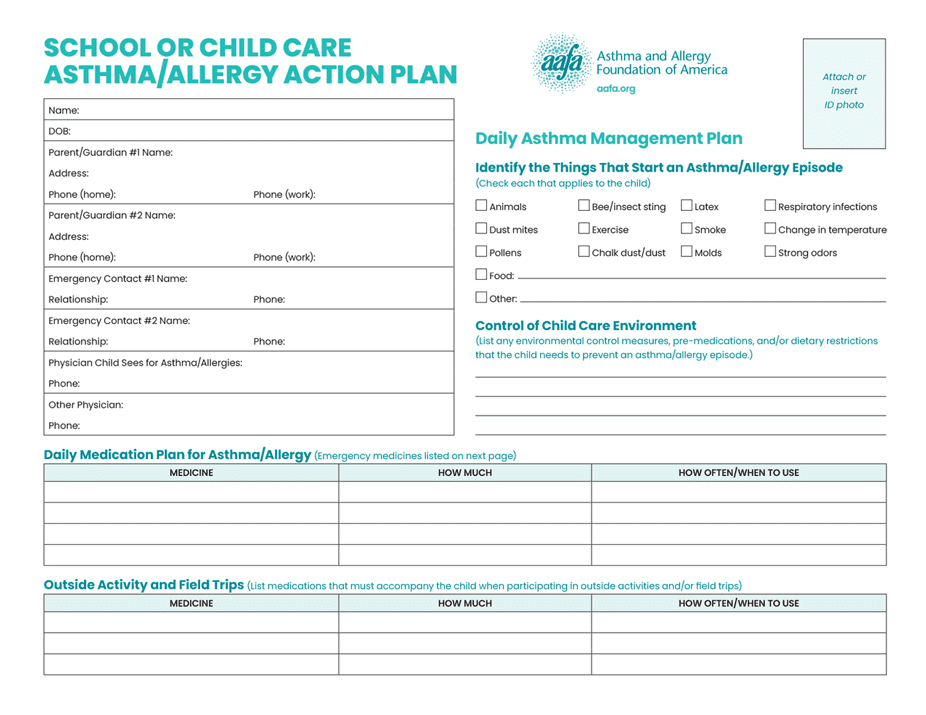AAFA's school or child care asthma/allergy action plan