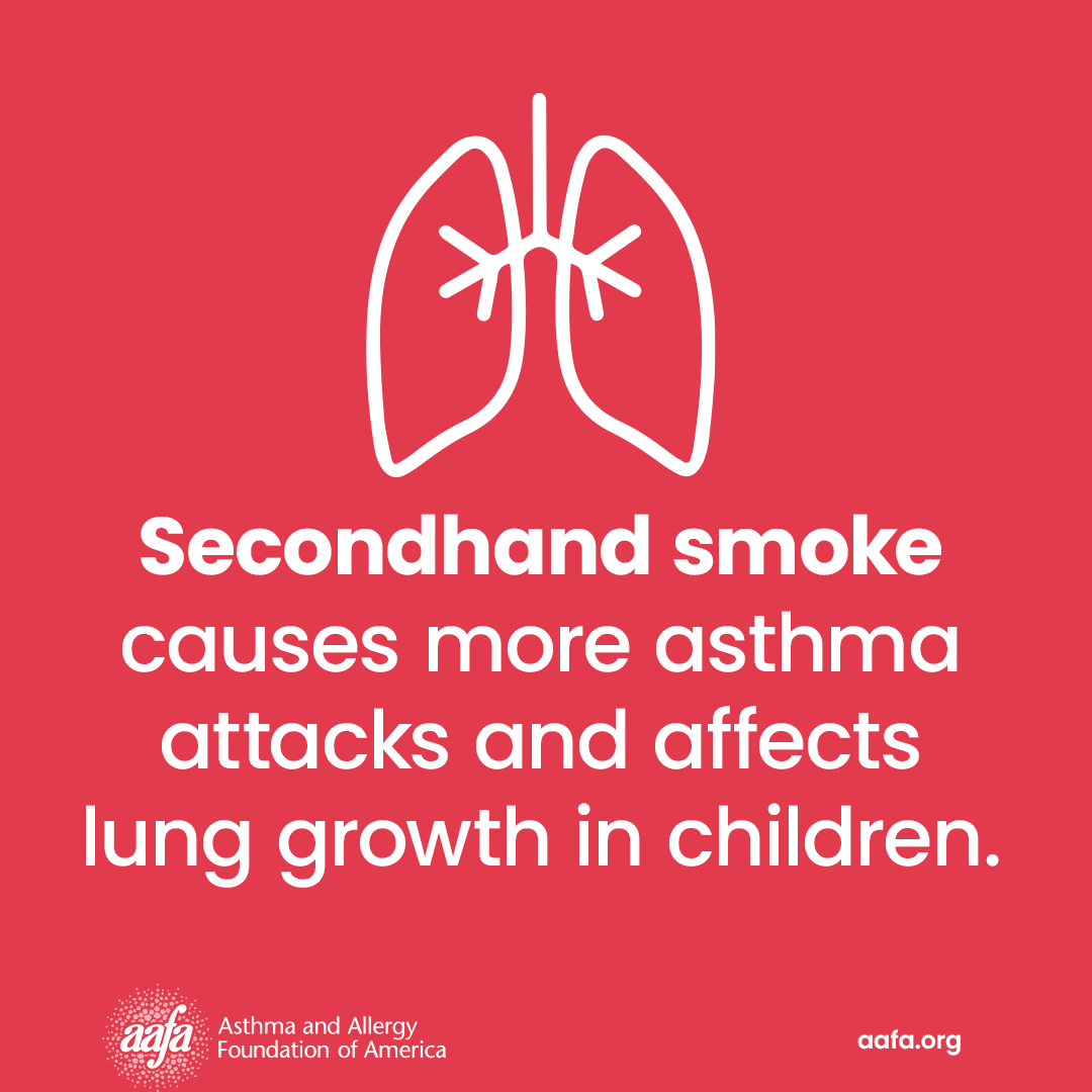An illustration of lungs with the text secondhand smoke causes more asthma attacks and affects lung growth in children.