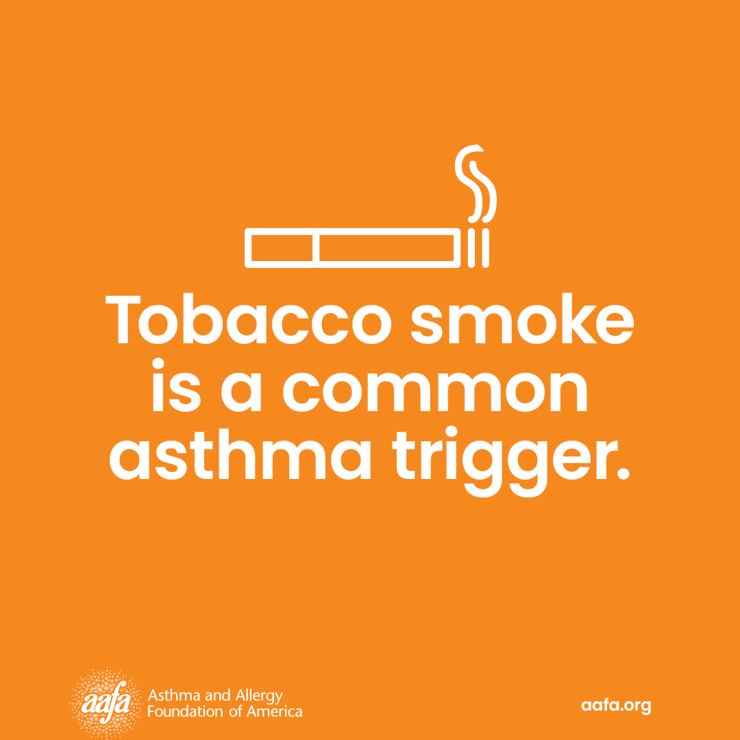 An illustration of a cigarette with the text tobacco smoke is a common asthma trigger.